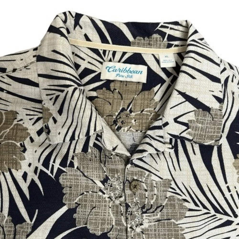 Caribbean Pure‎ Silk Men's Shirt Short Sleeve Tropical Print Black Tan Cream XL